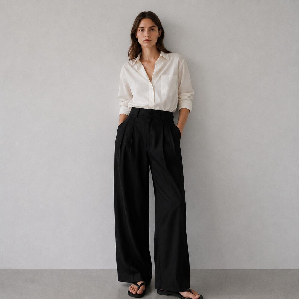 Anine Bing Carrie Pants Womens 38/S Black Linen Blend Pleated High-rise Wide Leg